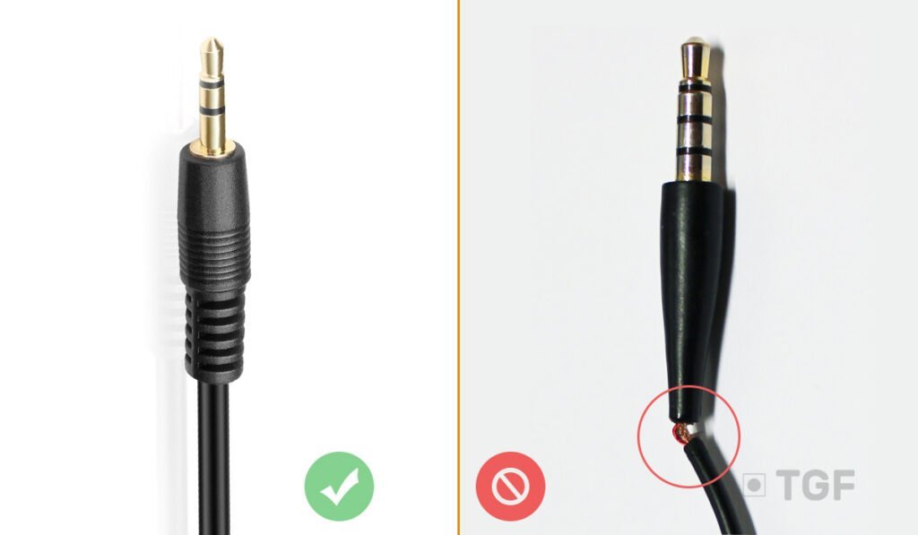 headphone jack with a broken cable compared to a new one